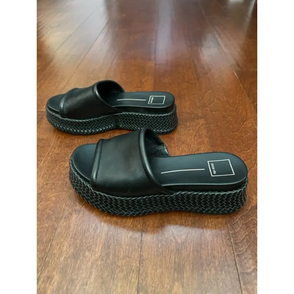 Dolce Vita Wimsyn Black Leather Platform Slide with Woven Platform, Size 8.5